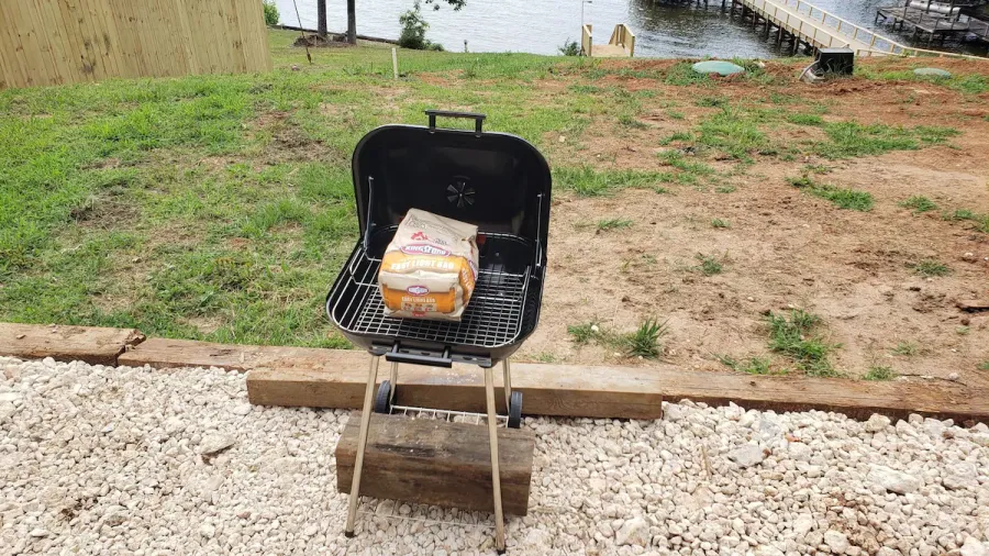The charcoal bbq grill is modest but gets the job done. The charcoal bbq grill is modest but gets the job done.