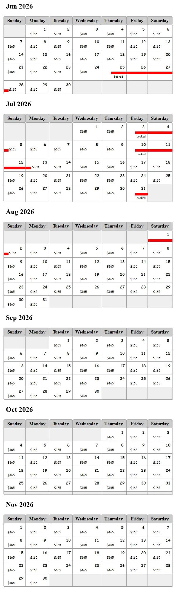 Peaceful Pines Bungalow availability calendar